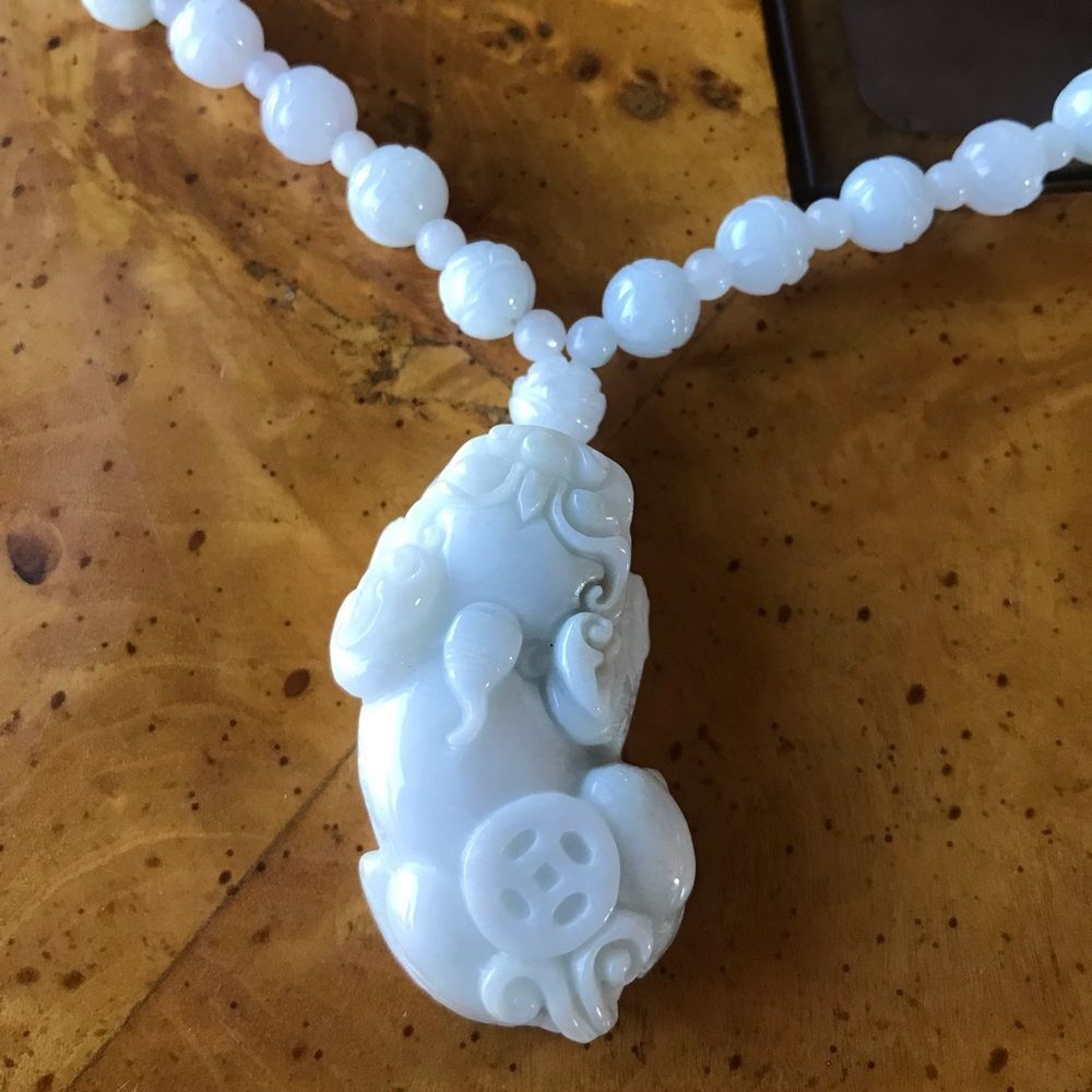 Natural White Jade Sterling Silver Dragon Necklace